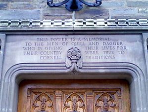 Inscription_above_entrance_to_Quill_and_Dagger_Tower,_Cornell_University